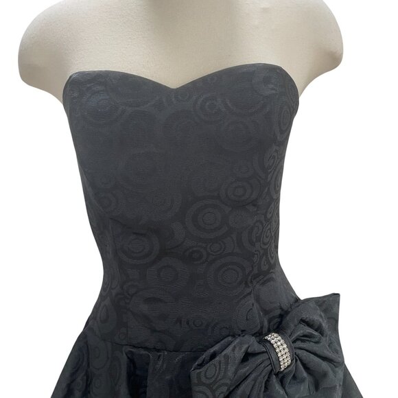 Vintage Pantagis Strapless Black Ruffle Dress Bow Detail Cocktail 80s Glam - Picture 4 of 11
